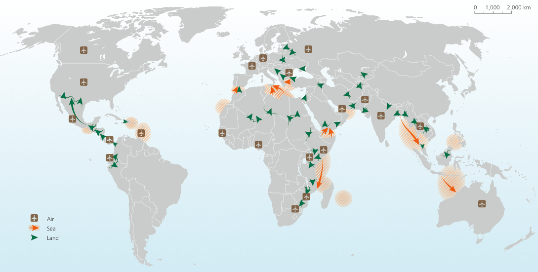 Major land sea and air smuggling transits and destinations